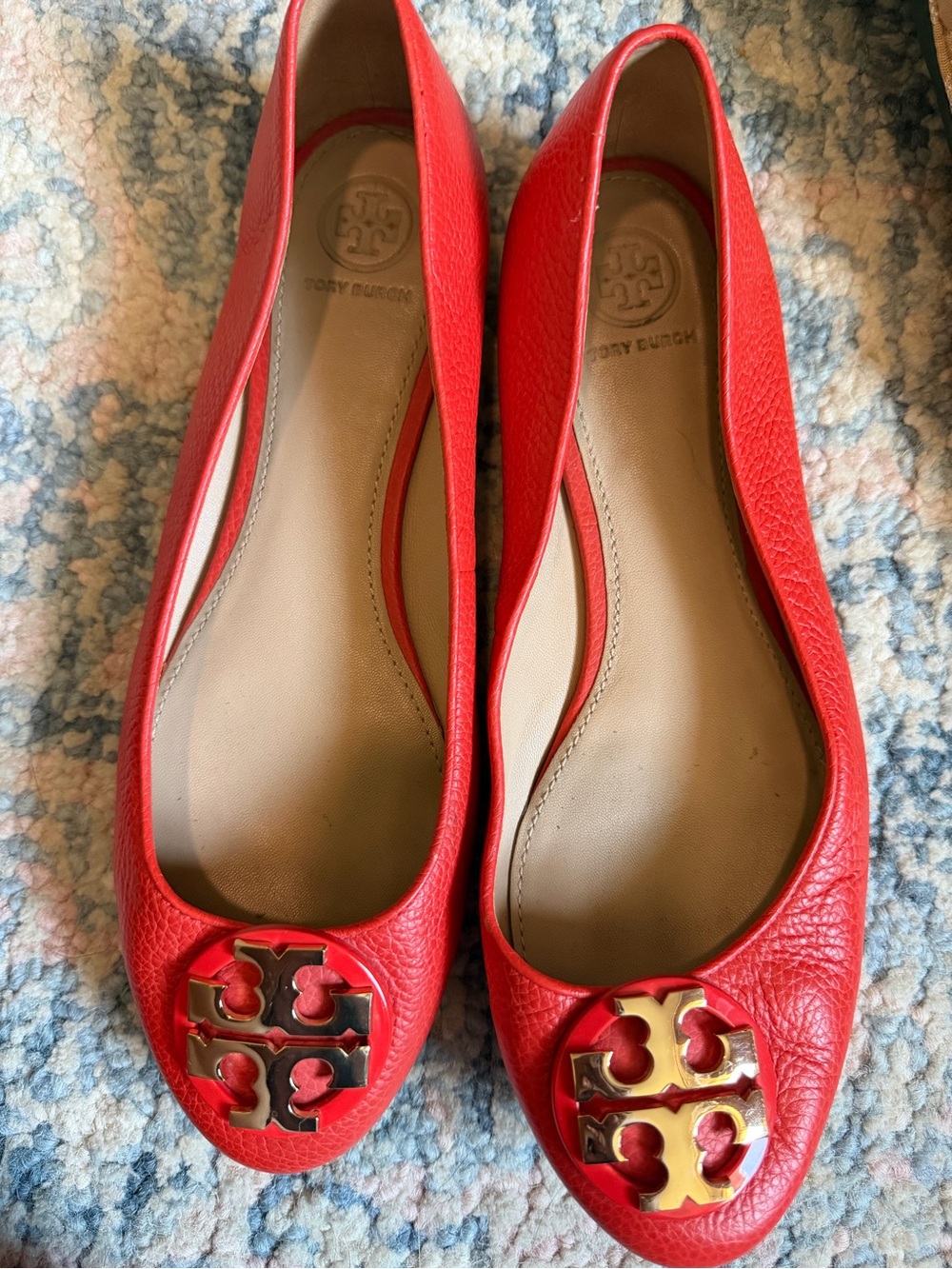 Tory Burch Red Leather Logo Ballet Flats with Gold Emblem
